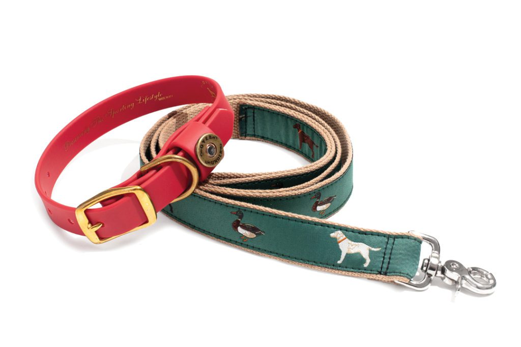 OVER UNDER WATER DOG COLLAR IN BLAZE ORANGE AND THE GANG'S ALL HERE RIBBON LEASH