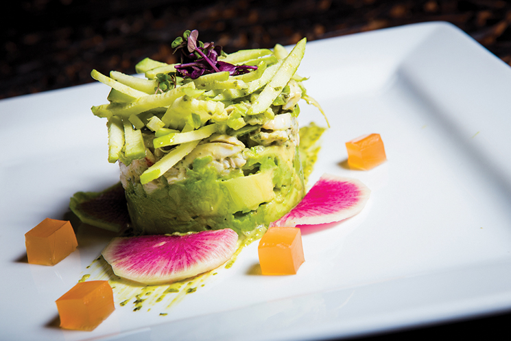 Lump crabmeat with avocado, green apple, Yukon gold potatoes, basil aioli, grapefruit jelly and sliced radishes at Servandos; Photograph by Leo Mayrinck