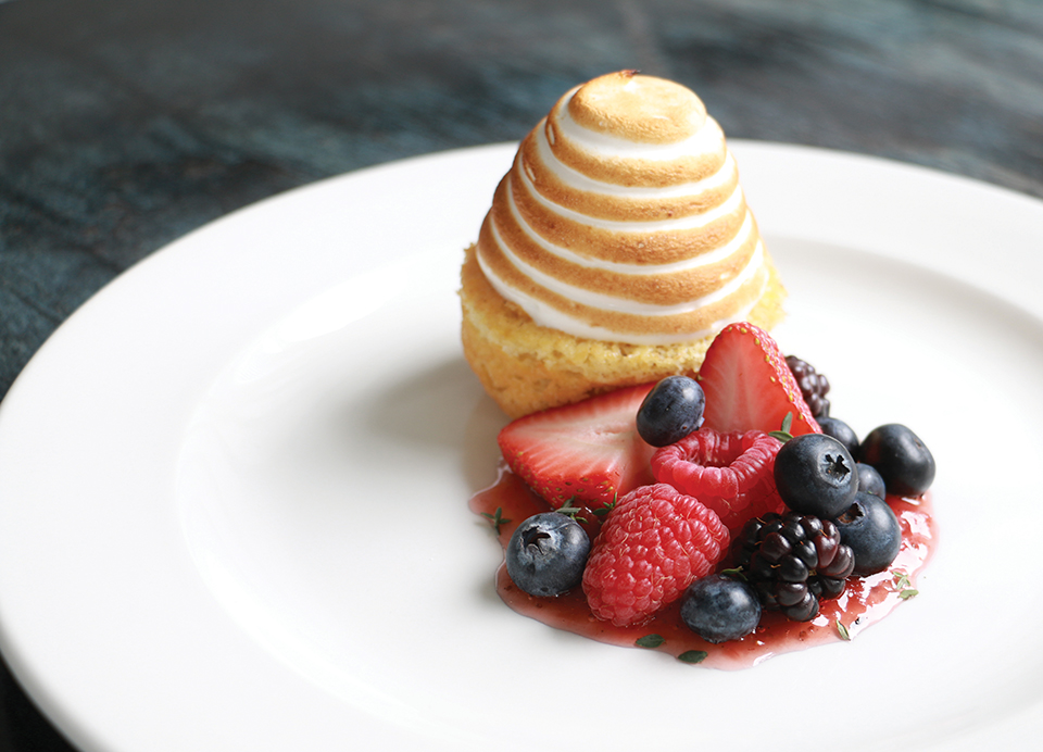 Lemon curd cake with torched meringue and strawberry jam at Preserved Restaurant in St. Augustine; Photography by Ward Media Group