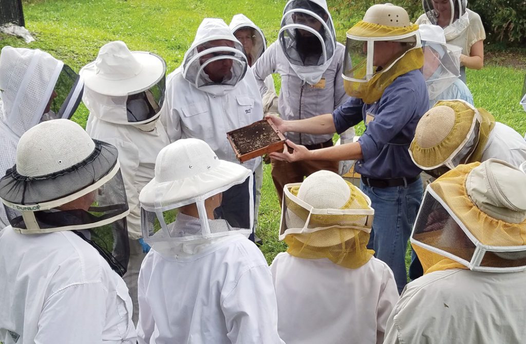 Jamie Ellis hold out bees to beekeepers