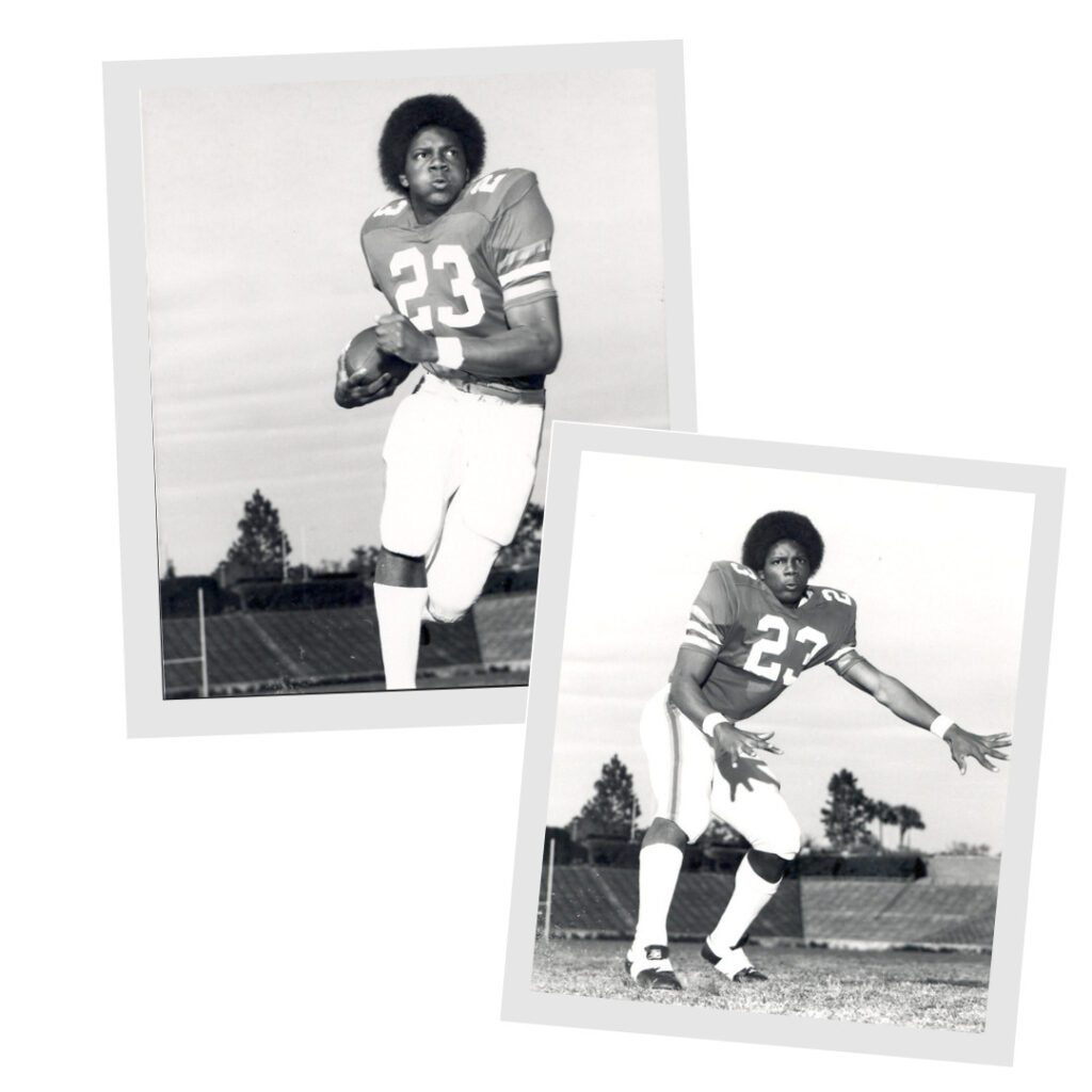 Pictures of Leonard George. He is in his uniform and number 23. He wears his hair in an afro.