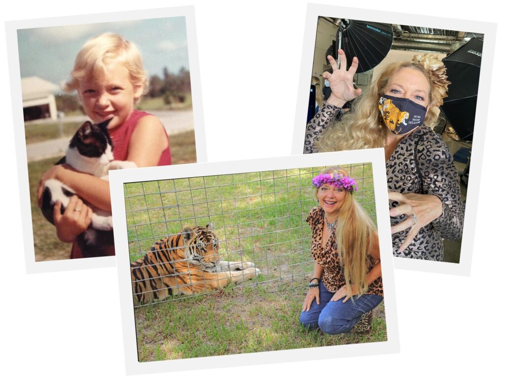 A collage of Carole Baskin as a child with her cat, as an adult with a tiger and posing while wearing a face mask.